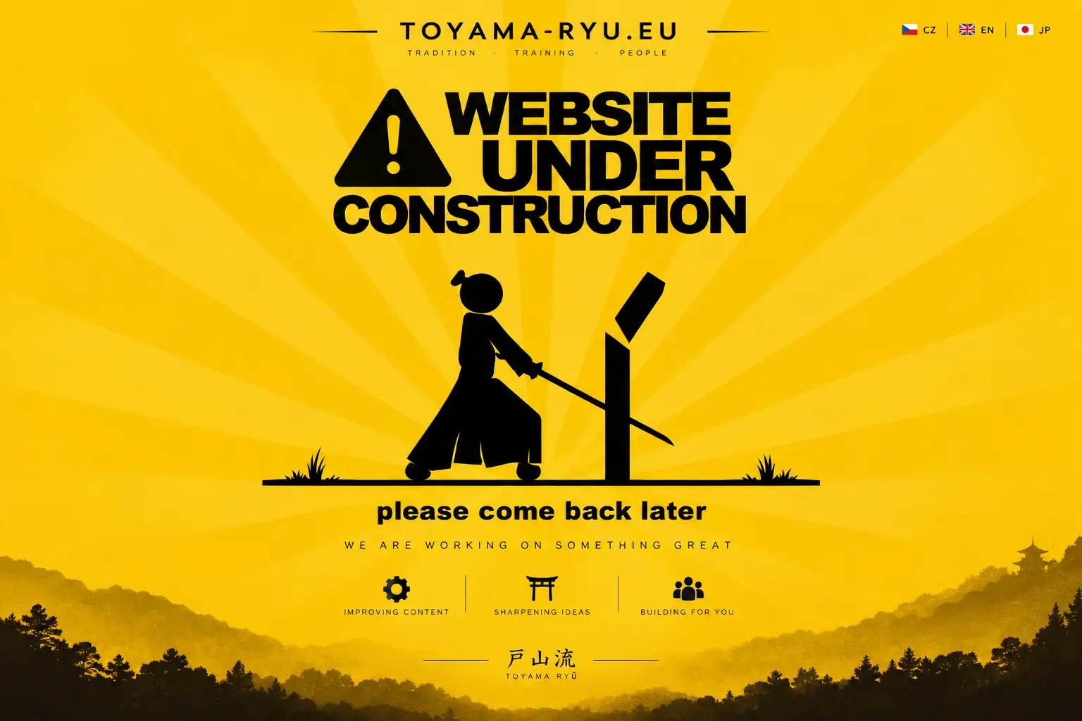 gyokurokai.toyama.cz website under construction — samurai cutting a training target against a yellow Japanese-inspired landscape
